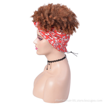 Free Sample Wholesale Natural Heat Resistant Kinky Cruly Afro Short Wig Synthetic Hair Headband Wigs For Black Women
